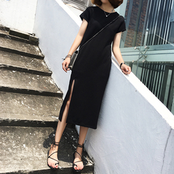 A7SEVEN 气质小黑裙女韩版修身显瘦中长款侧开叉短袖连衣裙打底裙