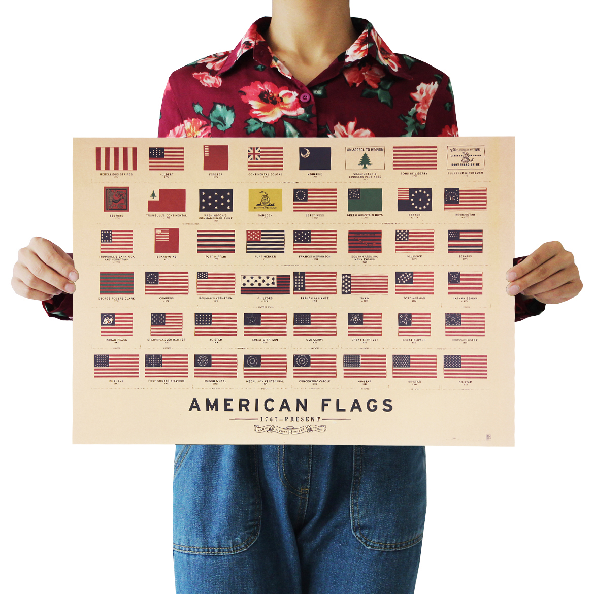 美国国旗进化史牛皮纸海报复古电影酒吧咖啡厅装饰海报纸墙贴画