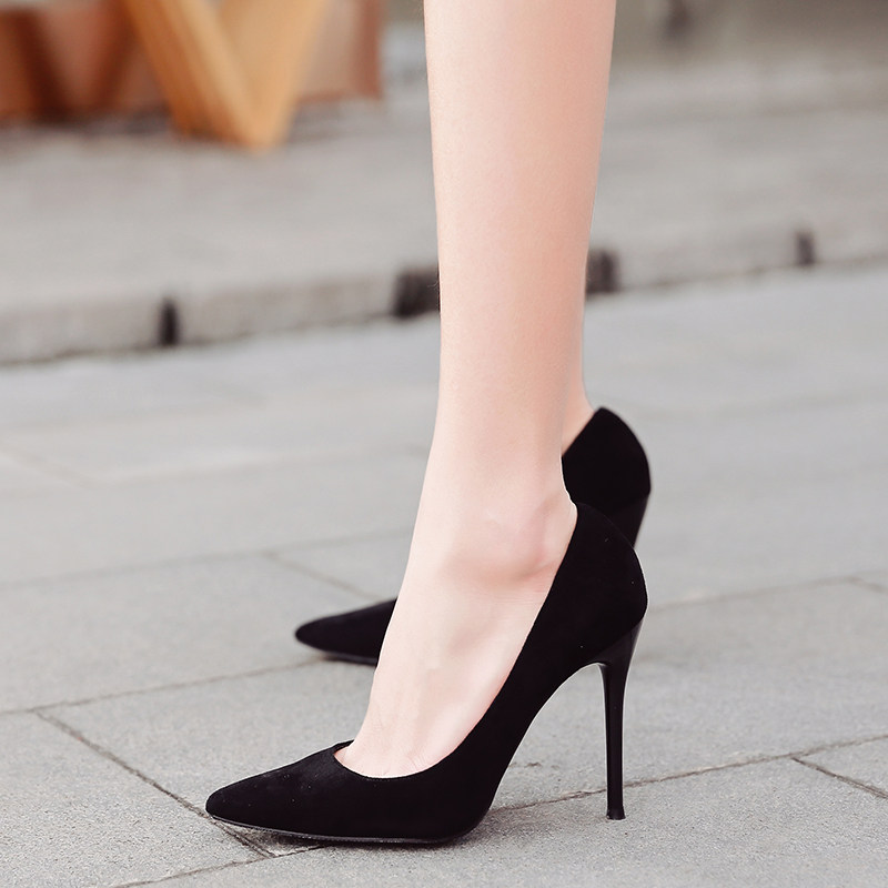 高跟鞋春季2018新款女百搭细跟性感女神尖头绒面黑色10厘米单鞋女