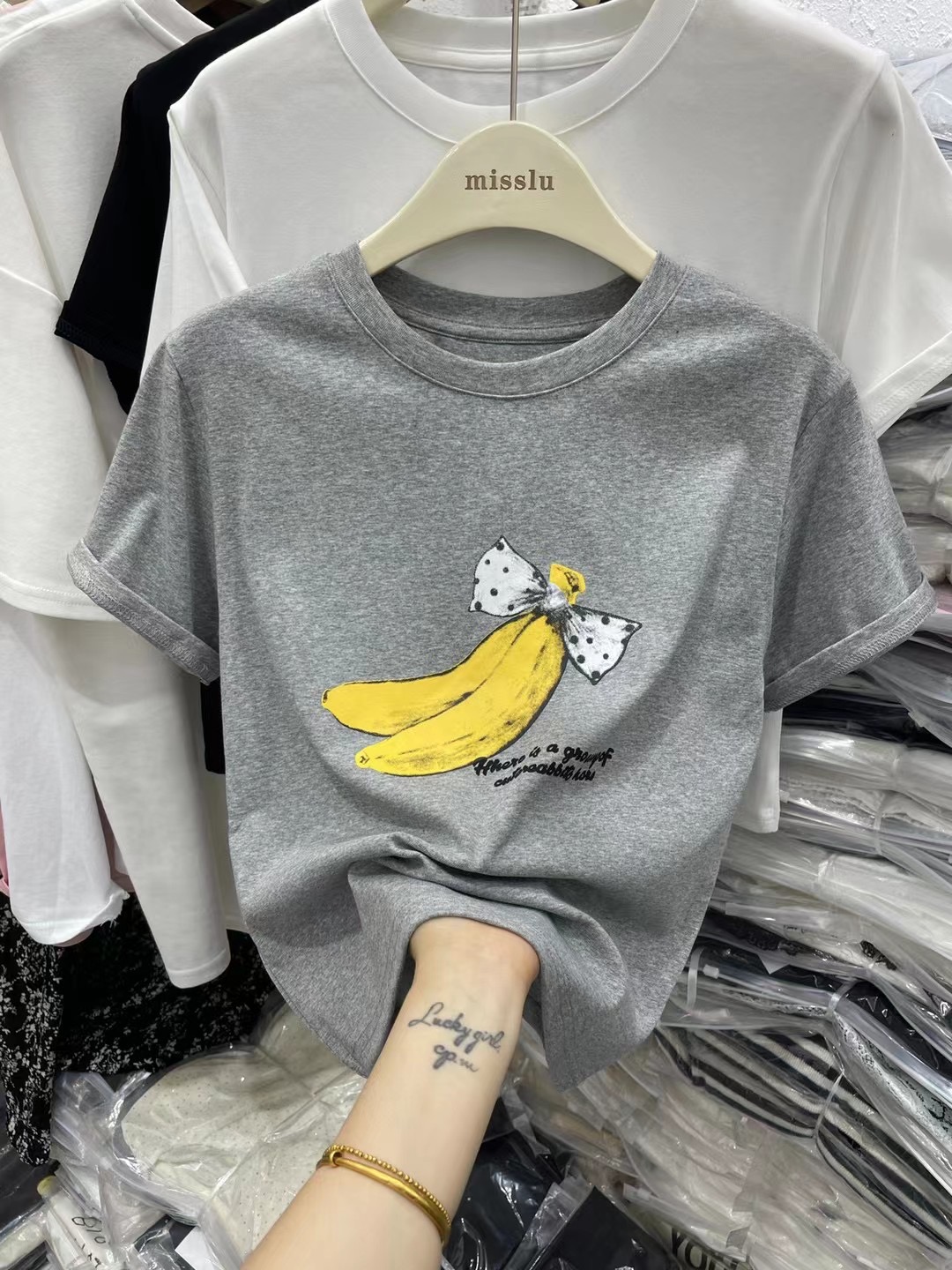 韩系香蕉印花短袖T恤女2024年夏