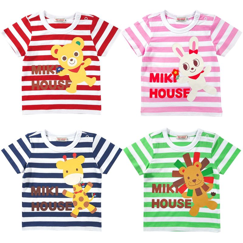 日系潮牌miki小熊童装24新夏款男女童卡通四色动物条纹短袖T恤