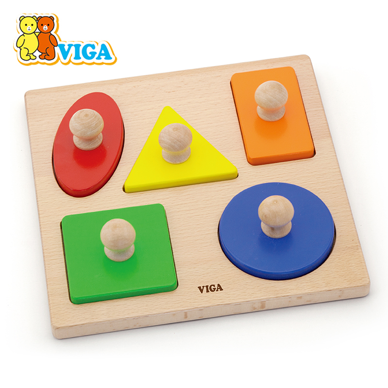 VIGA唯嘉几何抓手拼图儿童早教智力开发抓板幼儿木质启蒙益智玩具