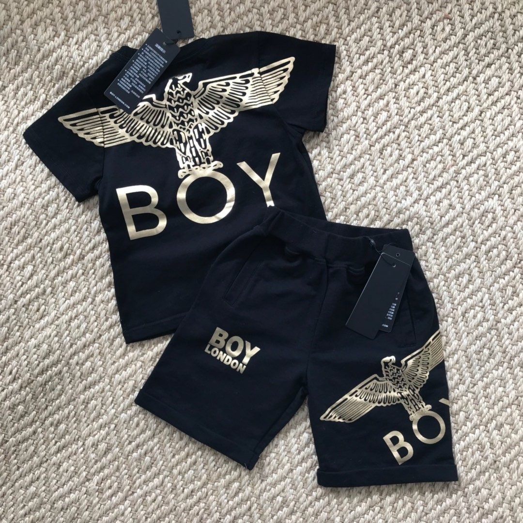 夏季潮牌boy洋气童装套装男儿童纯棉短袖t恤女烫金大老鹰休闲短裤
