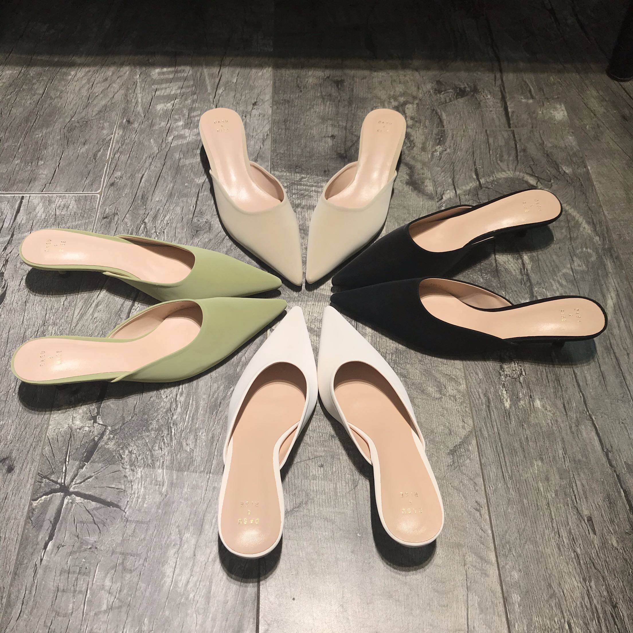 2020春夏新款细跟中跟网红凉拖鞋百搭包头外穿懒人半拖鞋尖头女鞋