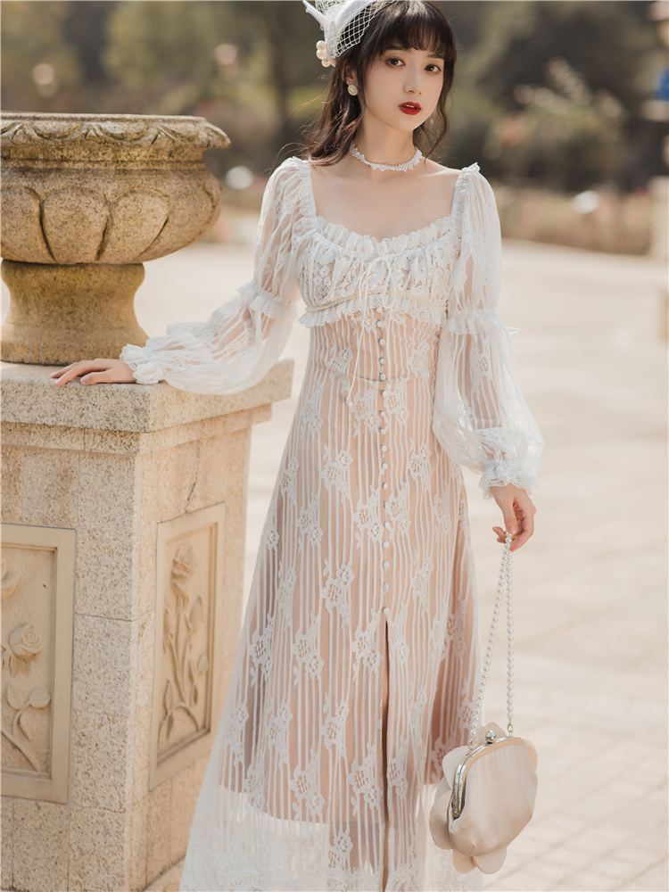 2021秋新浪漫唯美蕾丝连衣裙珍珠带拼接温柔长裙初恋裙,女装连衣裙,恋