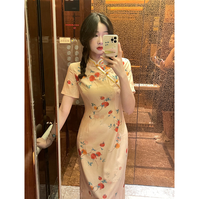 EIA一尧【石榴裙】新中式复古印花雪纺连衣裙女夏季短袖