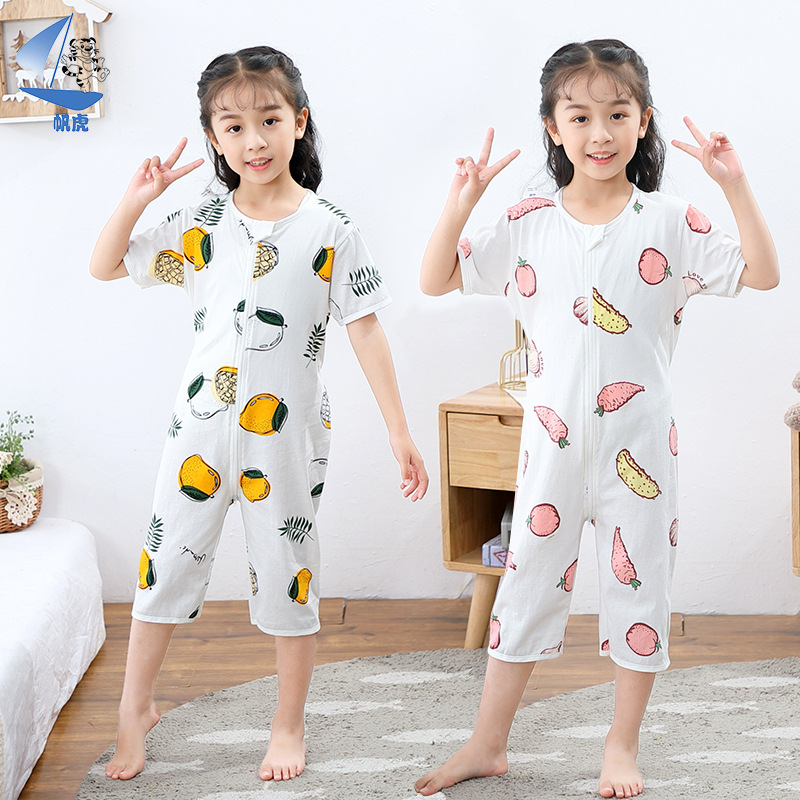 儿童连体衣纯棉男童3-4岁夏季薄款如厕防踢着凉女童睡衣家居服