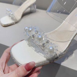 水晶拖鞋女2023新款百搭仙女风法式小凉拖外穿坡跟粗跟透明高跟鞋