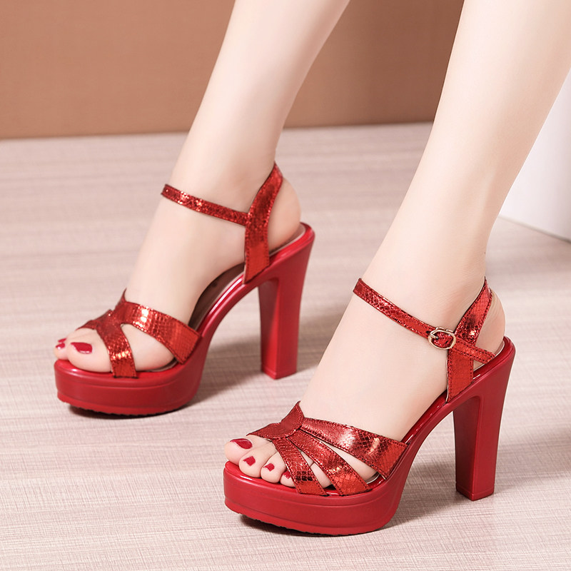 红色婚鞋女10cm粗跟高跟凉鞋2021夏季新款露趾一字扣高跟鞋女凉鞋