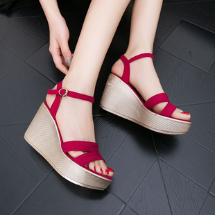 2021新款高跟坡跟凉鞋女夏松糕厚底防水台甜美波西米亚坡跟凉鞋女