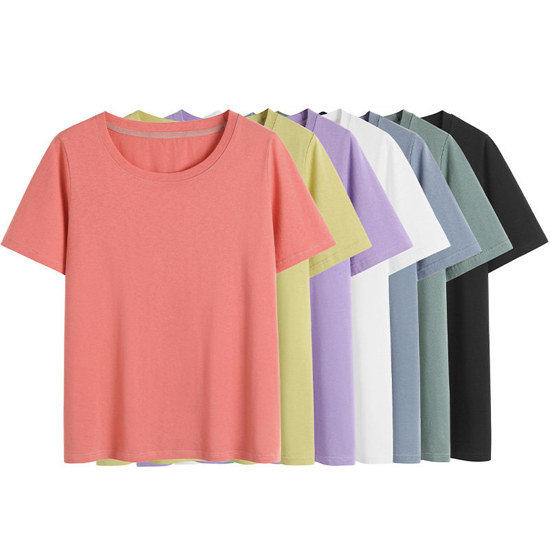 纯棉多色v领t恤 短袖上衣2022春夏新款显瘦遮肉大码女装伊自尚