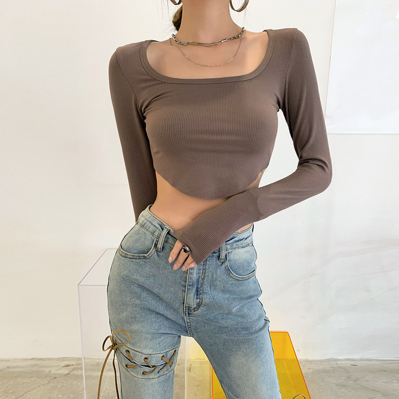 弧型下摆弹力紧身健身上衣ins性感辣妹露腰低胸方领短款长袖t恤女