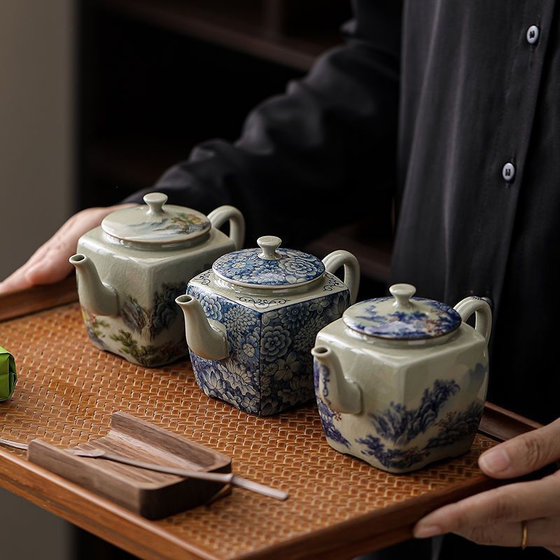 老陶泥茶壶手工家用四方陶瓷单壶家用功夫茶具配件开片可养泡茶器
