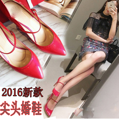 2016新款韩版ZY同款细跟尖头漆皮高跟鞋婚鞋中跟浅口性感单鞋