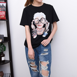 欧洲站17春夏新款女装时尚老奶奶头像印花短袖t恤女宽松半袖上衣