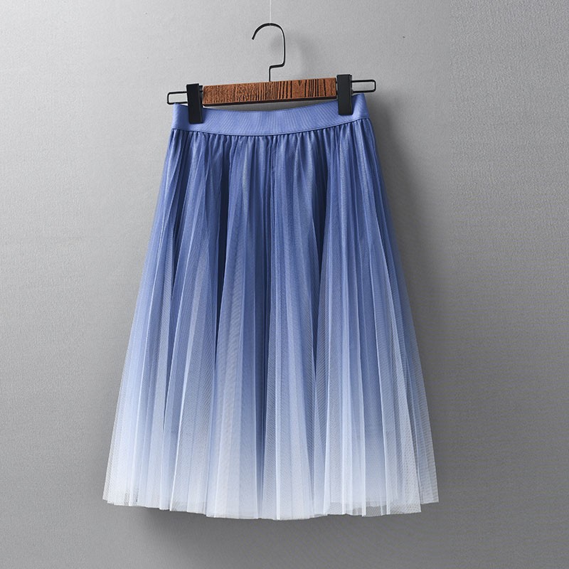2022春夏新款渐变色百褶网纱裙女中裙高腰百搭蓝色半身裙修身显瘦