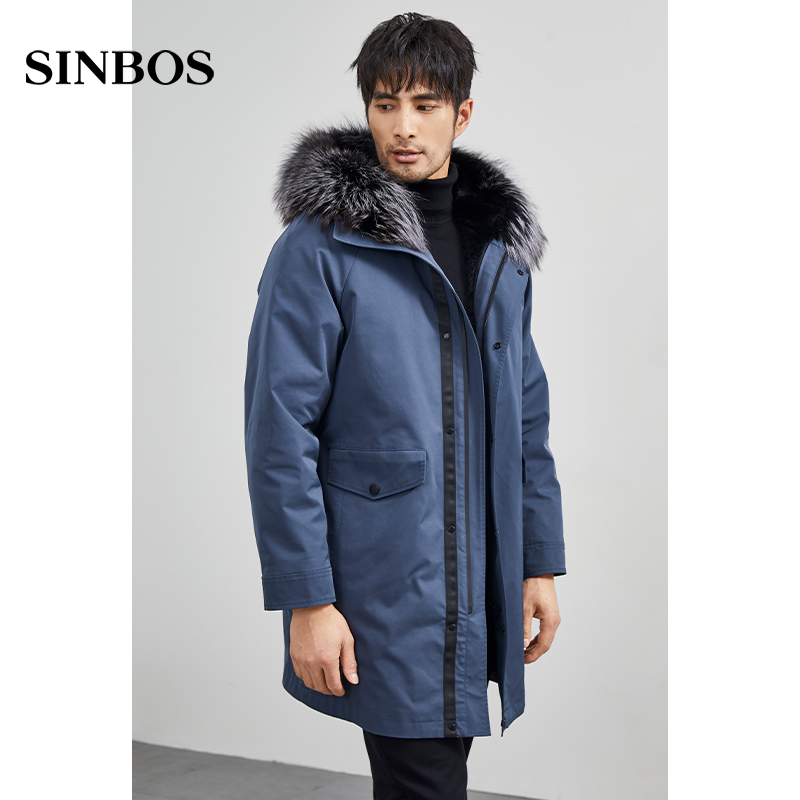 sinbos派克服大衣男中长款冬季新款加厚兔毛内胆皮毛一体皮草外套