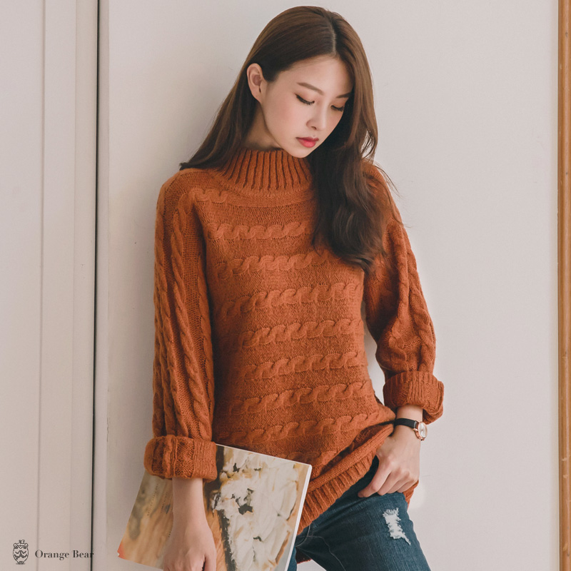 桔熊秋冬季温柔风高领绞麻花毛线针织衫中长款毛衣少女大码fa2043