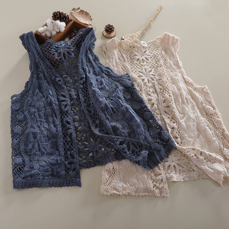 棉质钩花马甲女新款夏装文艺百搭纯色拼接无袖小开衫镂空针织背心