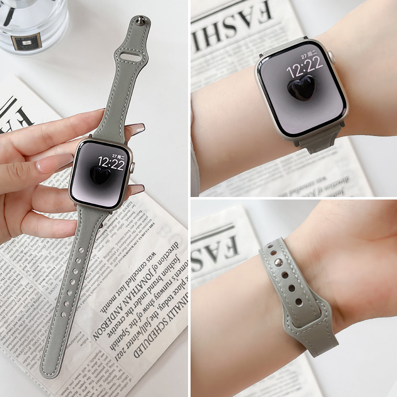 乐诺适用苹果手表applewatch表带s9女真皮iwatch87654321代手表带s7细款se小蛮腰watchs6皮质高级感小众秋冬