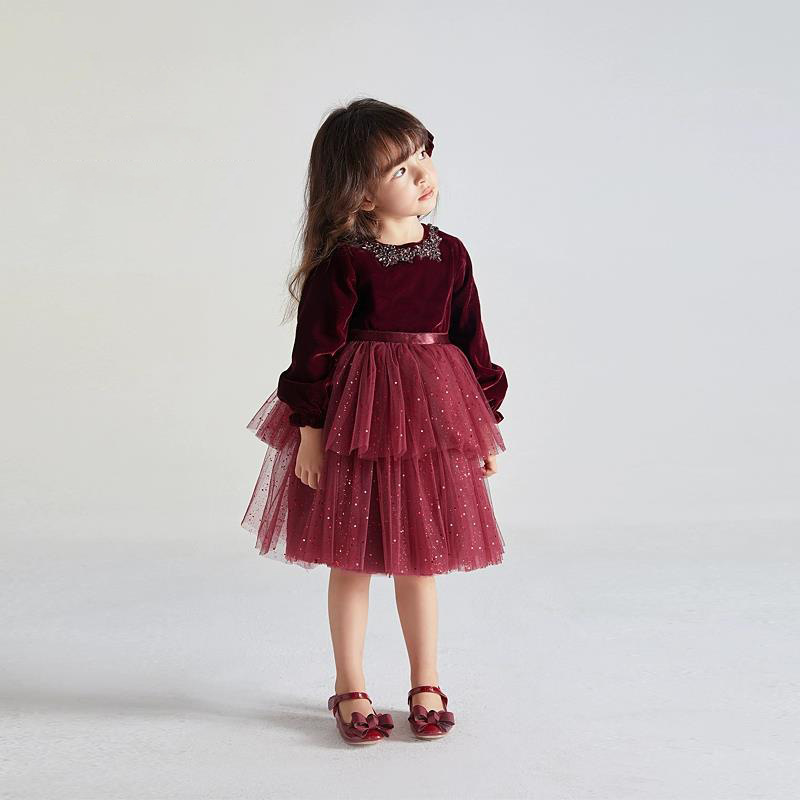 red dress kids girl long sleeve velvet baby infant princess