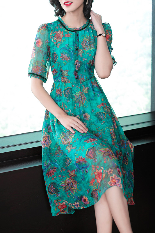 真丝连衣裙女2020夏季新款大牌中长款重磅丝绸碎花桑蚕丝杭州裙子