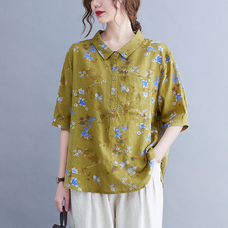 实拍 2021年夏装新款大码文艺复古碎花衬衫麻棉短袖薄上衣