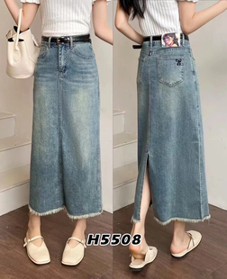 jeans韩酷莱5508蝴蝶刺绣开叉牛仔裙女高腰卡通皮牌毛边半身裙子