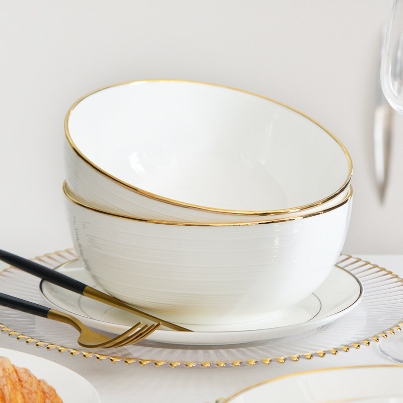 餐具金边大容量单个骨瓷碗冷面碗家用大号汤碗7英寸白色吃面大碗