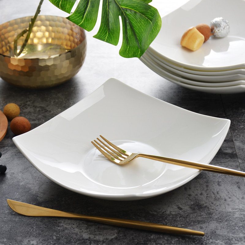 创意四方瓷盘子纯白色菜盘陶瓷汤盘深盘家用方盘8寸骨瓷凉菜盘子-泡美