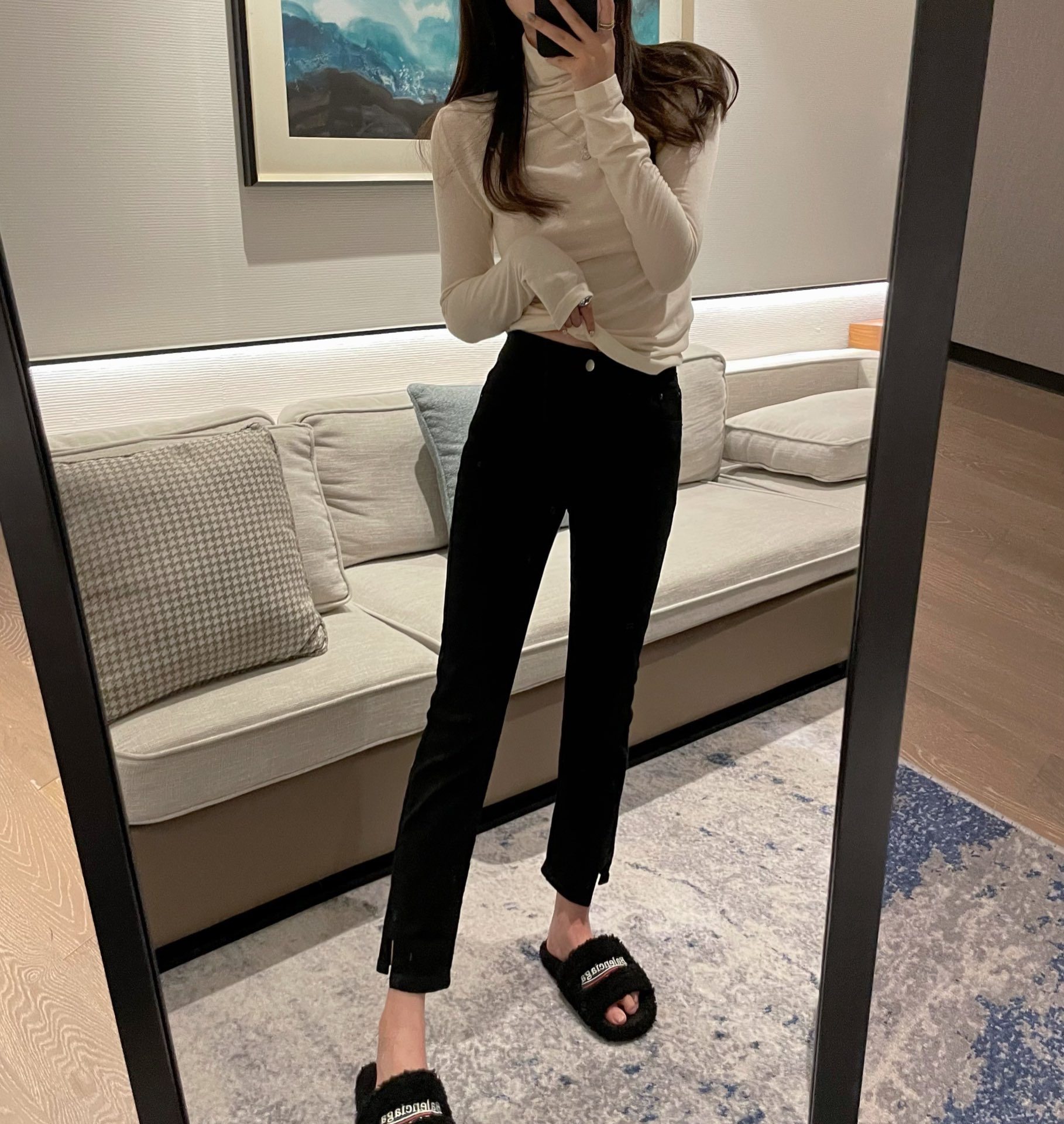 smalltuu这条直腿长裤封神了~弹力牛仔裤女秋冬直筒抓绒显瘦韩系