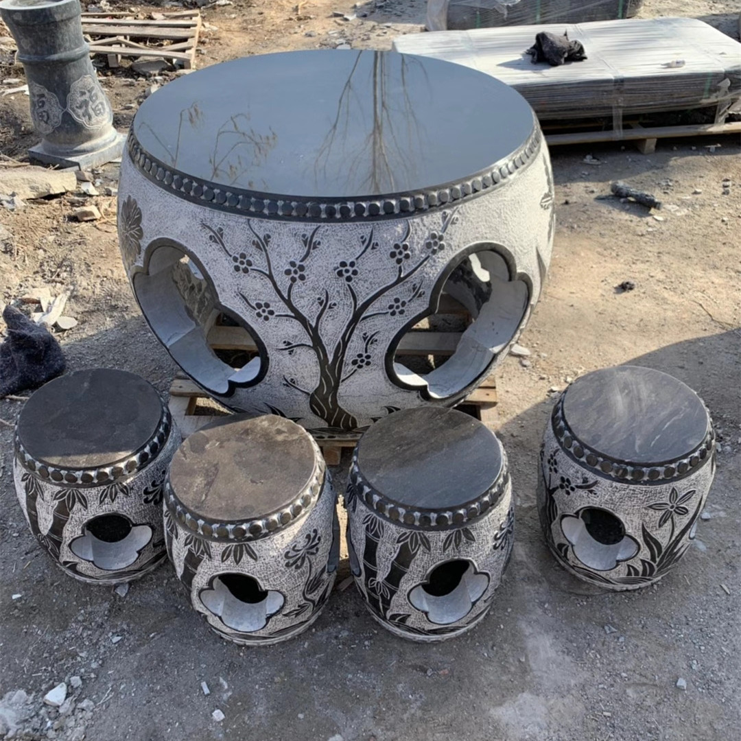 石桌石凳庭院花园户外圆桌花岗岩芝麻灰方形休闲桌椅家用石头桌子