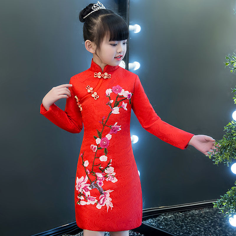 中国风女童旗袍冬红色儿童唐装拜年服冬装小女孩加厚新年装过年服