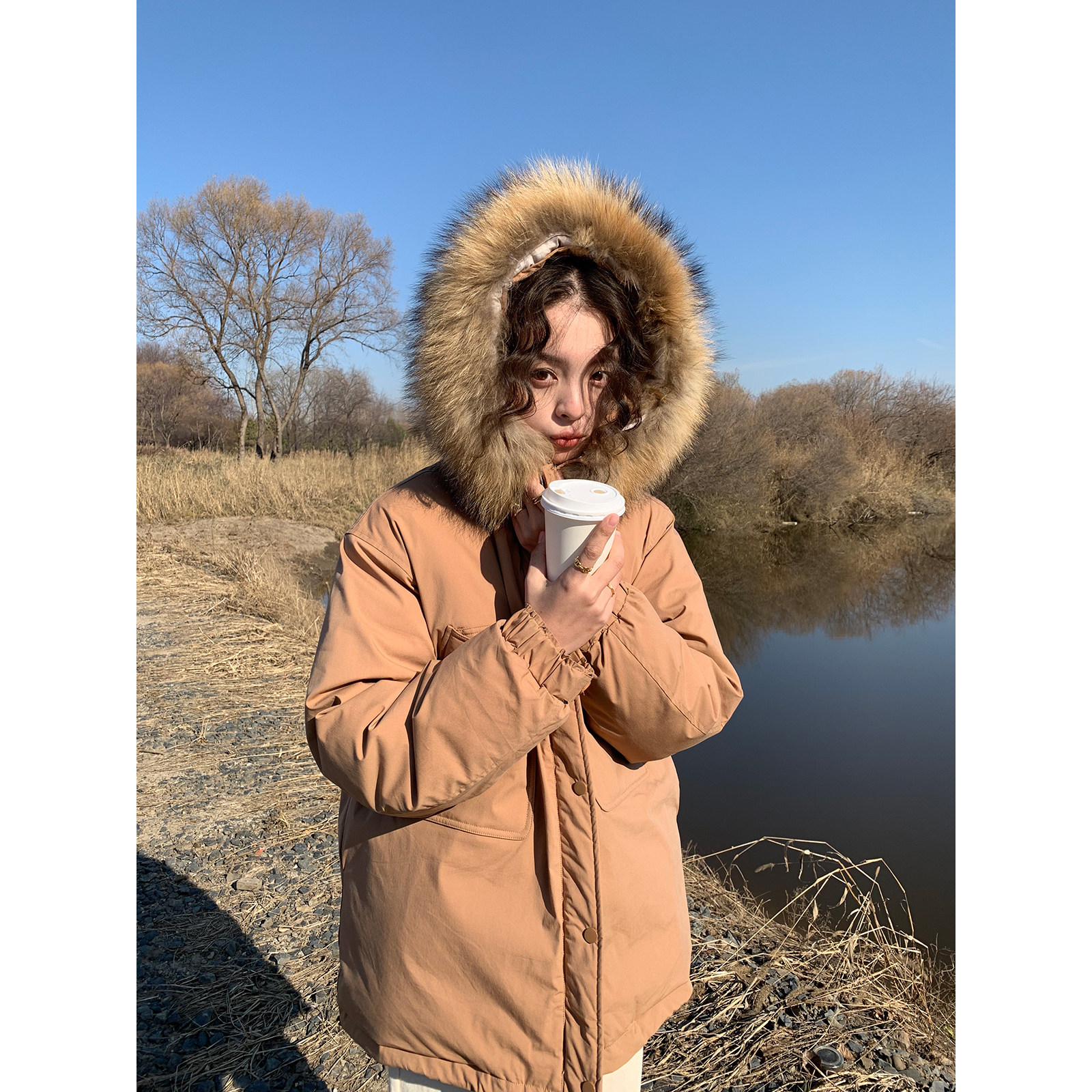 kernelcosmos21fw加厚重工貉子毛领连帽抽绳两色羽绒服外套