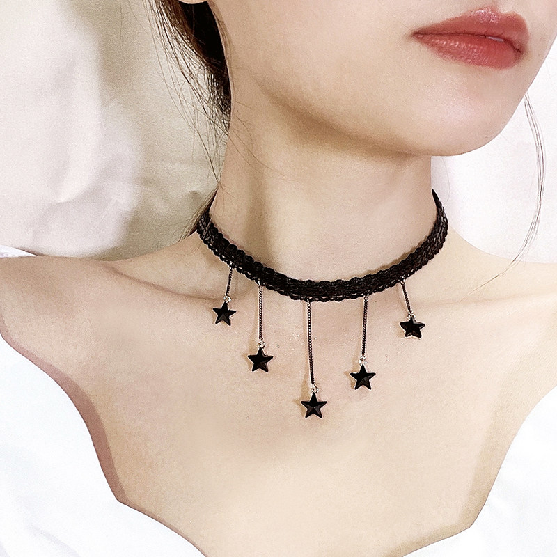 流苏网红饰品脖子颈链项圈装饰短款锁骨链项链女黑色蕾丝小众颈带