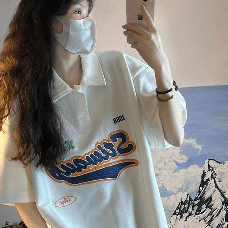 甜酷风纯棉polo领短袖t恤女ins潮牌夏季宽松学生刺绣半袖上衣tee