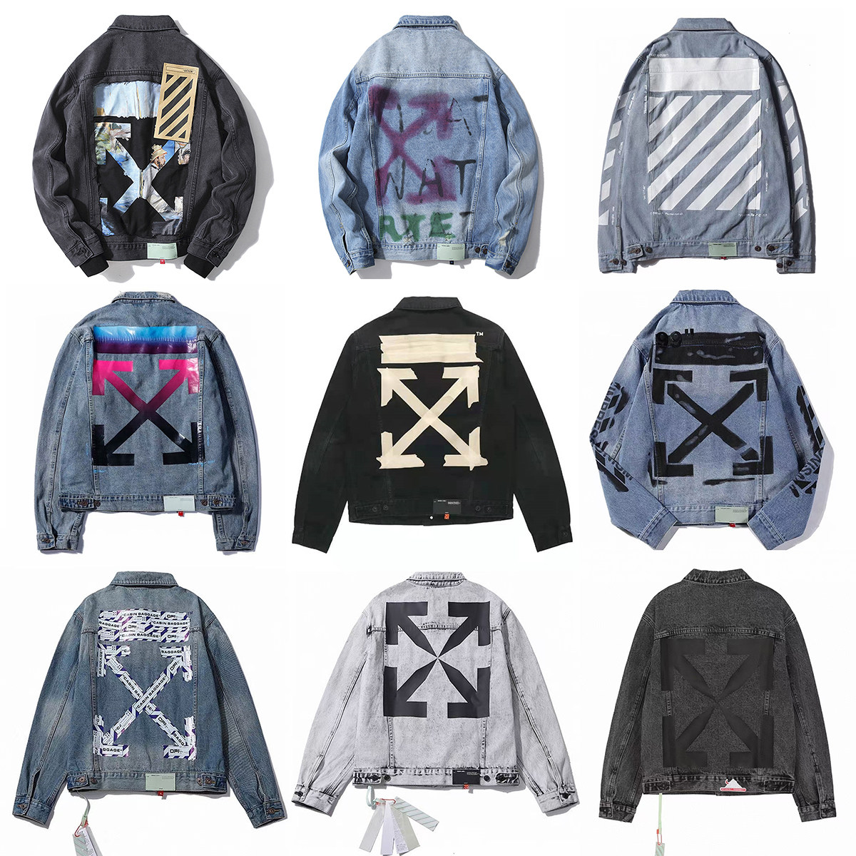 off ow white秋冬潮牌箭头印花夹克水洗男女情侣款宽松牛仔外套潮