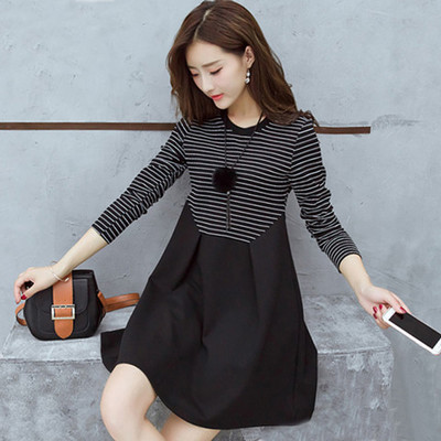 2019 Autumn and winter new pattern Waist Mid length version Dress stripe Mosaic black Long sleeve temperament Show thin skirtin the Women's clothing/Boutique , Large size women category - from Buy2taobao.com to provide professional Taobao agent buy service