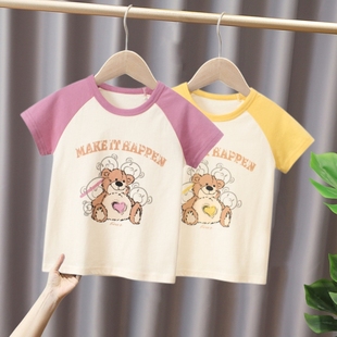 韩版品牌外贸夏季新品 女童卡通小熊宝宝衣服儿童纯棉运动短袖T恤