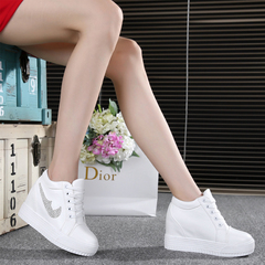 韩版秋季新款小白鞋PU皮面内增高跟女鞋白色学生系带休闲单鞋坡跟