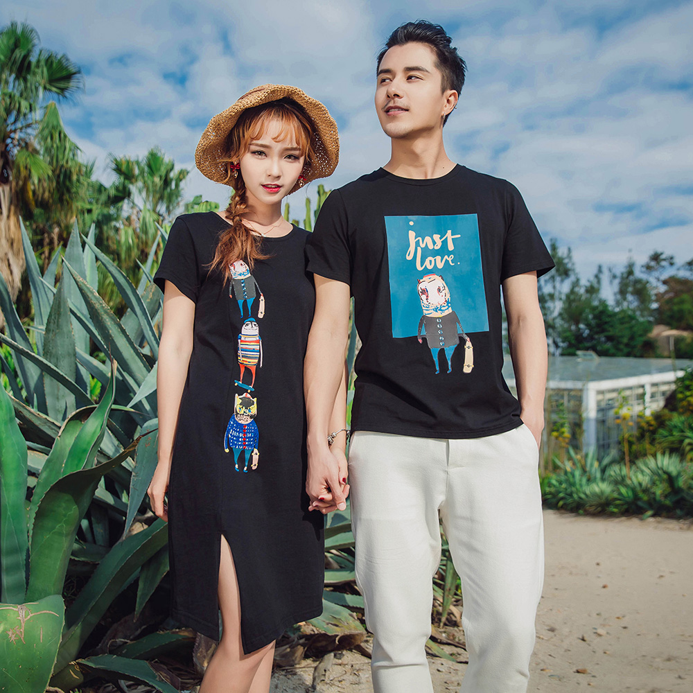 ql情侣装夏装连衣裙2017新款潮韩版中长款显瘦个性创意爱情女裙子