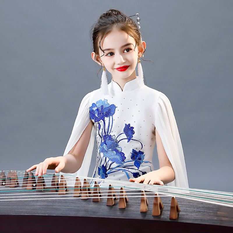 儿童古筝演出服女大童夏2021新款中国风水袖旗袍钢琴琵琶考级礼服
