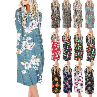 Summer new women's printed long-sleeved round neck dress