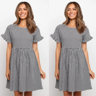 2021 summer new round neck short-sleeved ruffled plaid dress