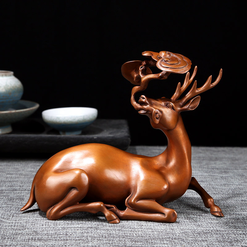 古铜都纯铜22卧鹿含灵芝紫铜办室用品家居摆件礼品工艺品