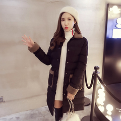 2016冬季新款韩版潮修身中长款拼色棉服羊羔毛拼接翻领棉衣外套女