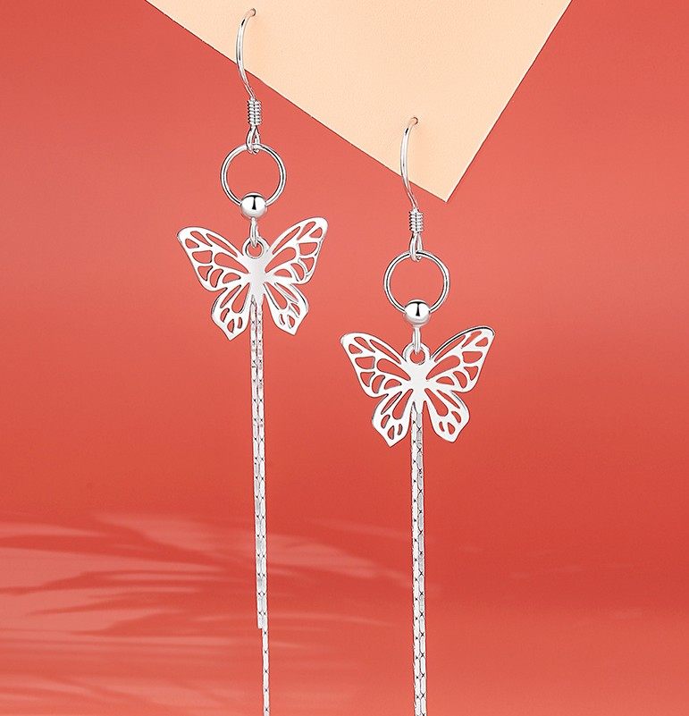 s990足银蝴蝶流苏纯银耳环女长款气质耳饰潮森系古风仙气超仙耳坠