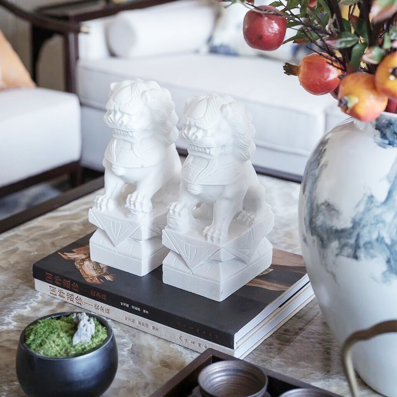 新中式白色石狮子一对摆件客厅书房玄关样板房软装饰品工艺品摆设