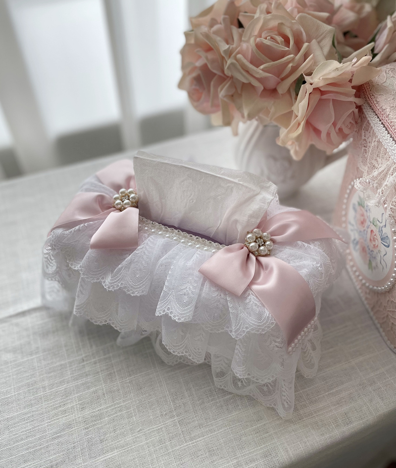 新款韩式白色浪漫蕾丝纸巾盒套复古法式珍珠蝴蝶结装饰布艺抽纸盒