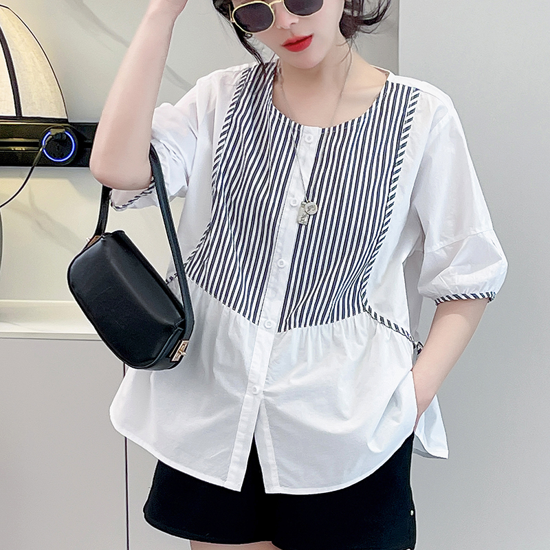 夏季新款女装韩版宽松衬衫女圆领条纹棉质衬衣系带减龄短袖套头衫